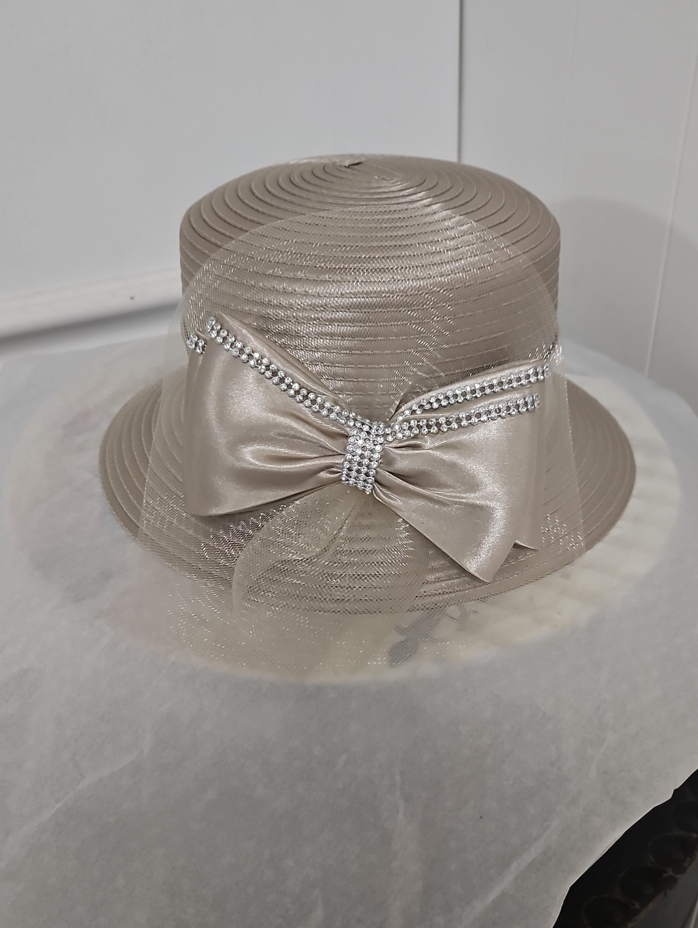 Elegant Taupe Satin Bow Church Hat with Rhinestone Trim